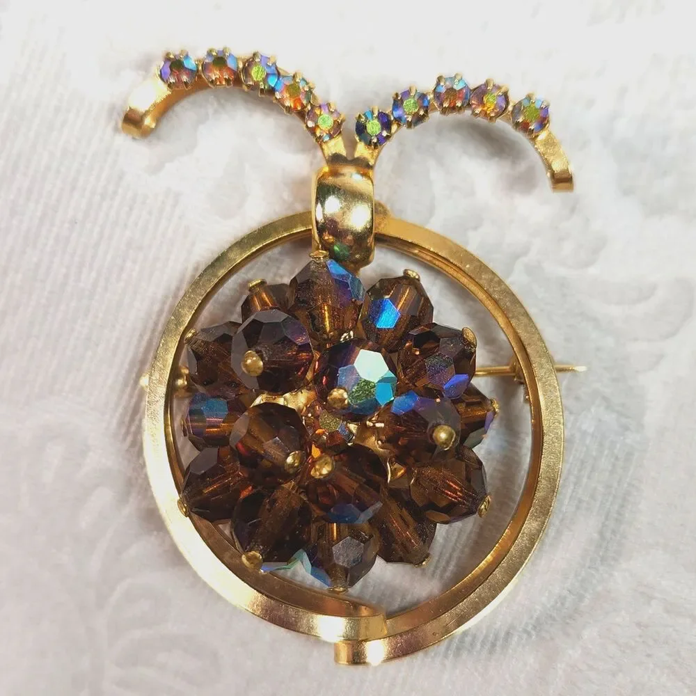 Vintage Lady Bug Brooch Pin Aurora Borealis Glass Beads Gold Tone Insect 60's